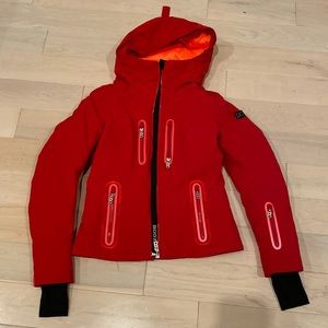 Bogner puffer down red reflective trim hooded winter ski jacket